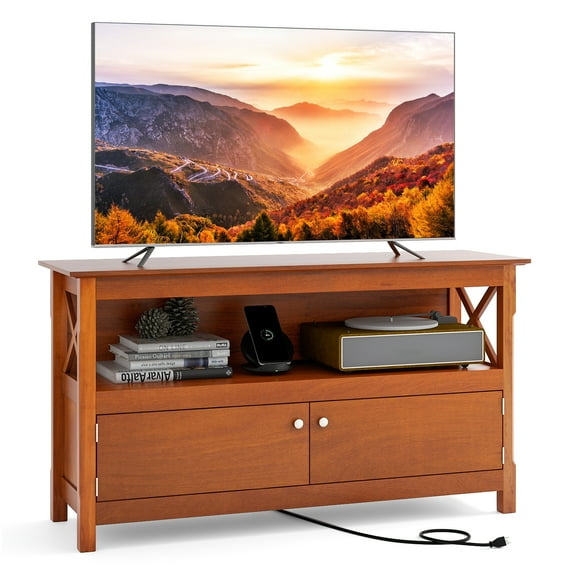 Topbuy TV Stand with Power Outlet Media Entertainment Center Modern TV Console Table Brown