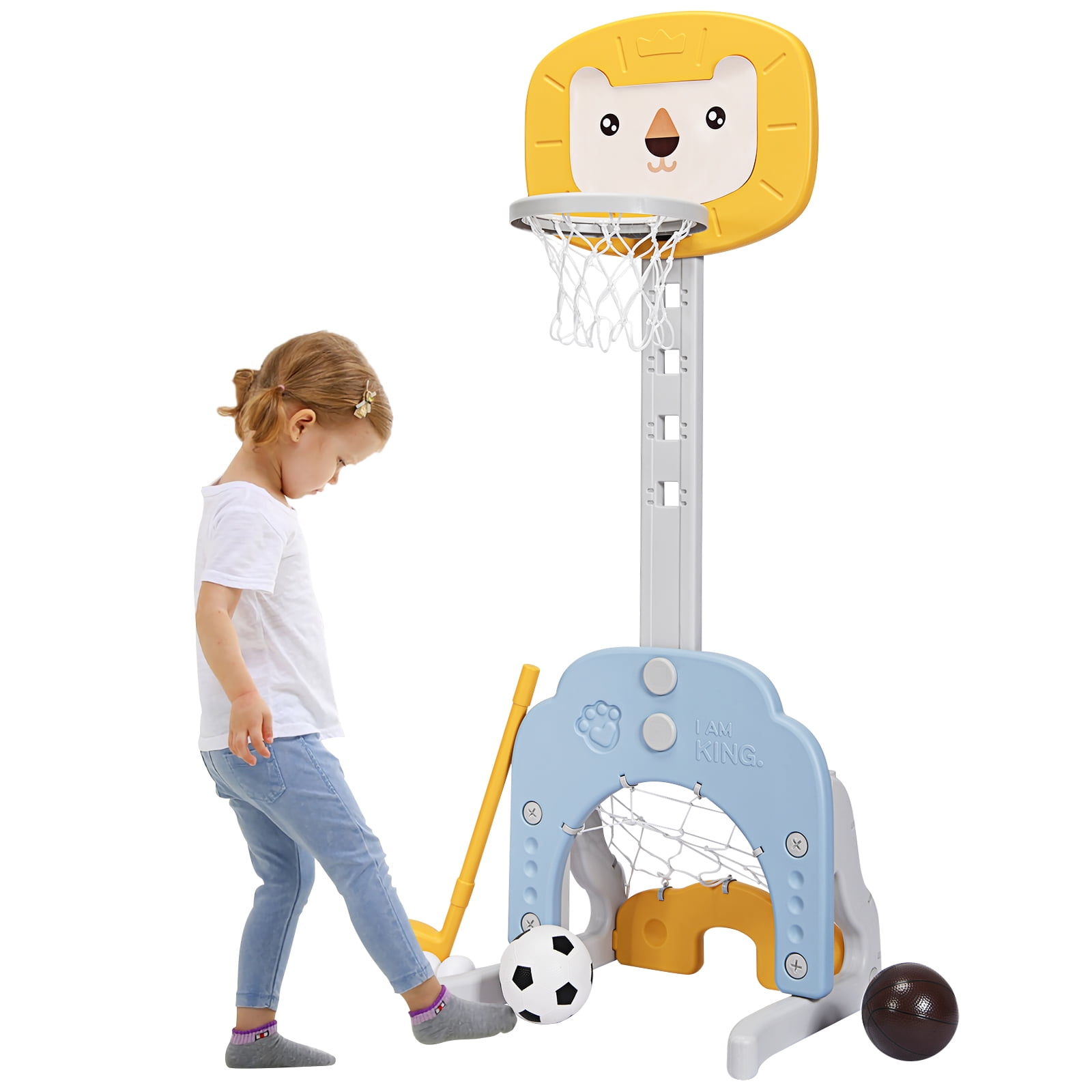 Adjustable Yellow and Blue 3-in-1 Kids Basketball Hoop Set