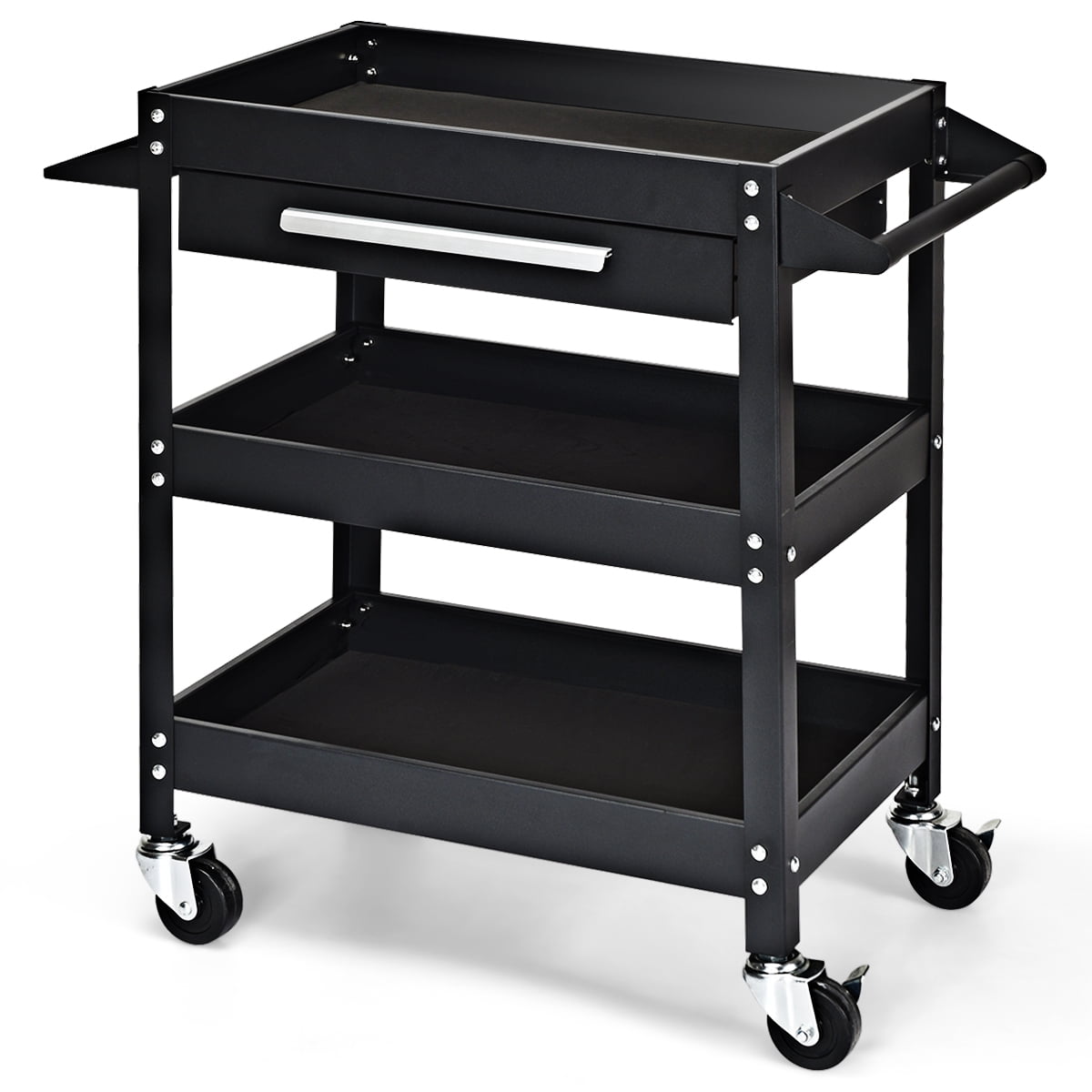 Black Heavy Duty Steel Three Tray Rolling Tool Cart with Drawer