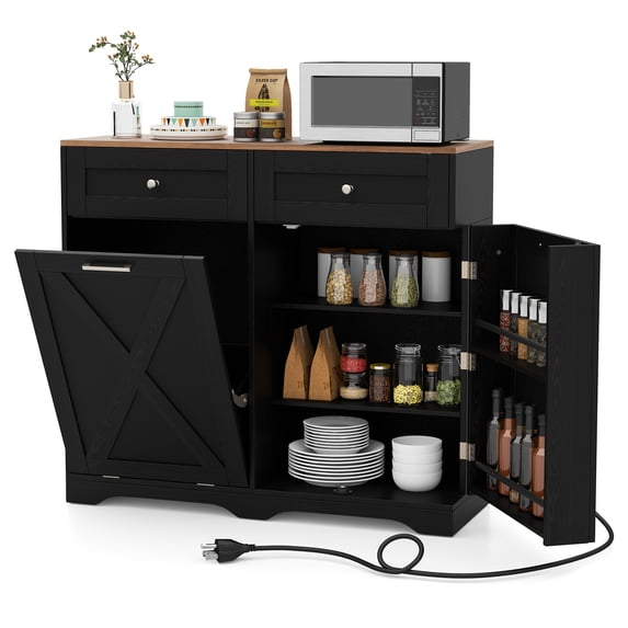 Topbuy Trash Bin Cabinet Tilt Out Garbage Cabinet w/ Anti-Tipping Kit & Adjustable Shelves Black