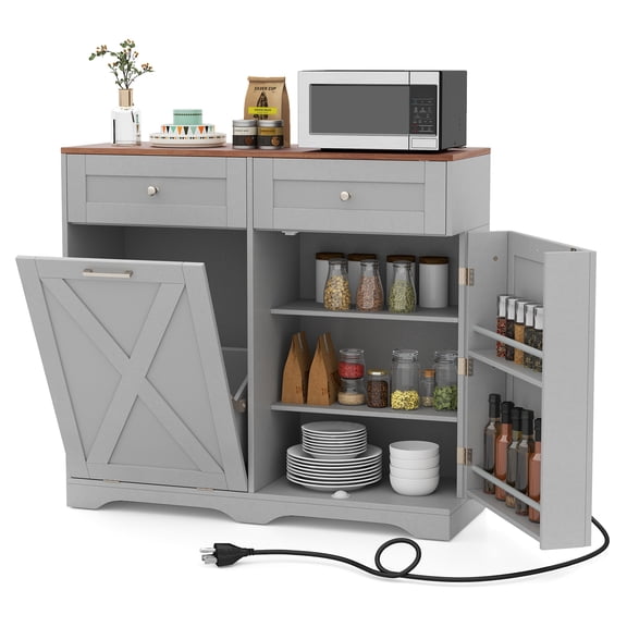 Topbuy Trash Bin Cabinet Tilt Out Garbage Cabinet w/ Anti-Tipping Kit & Adjustable Shelves Gray