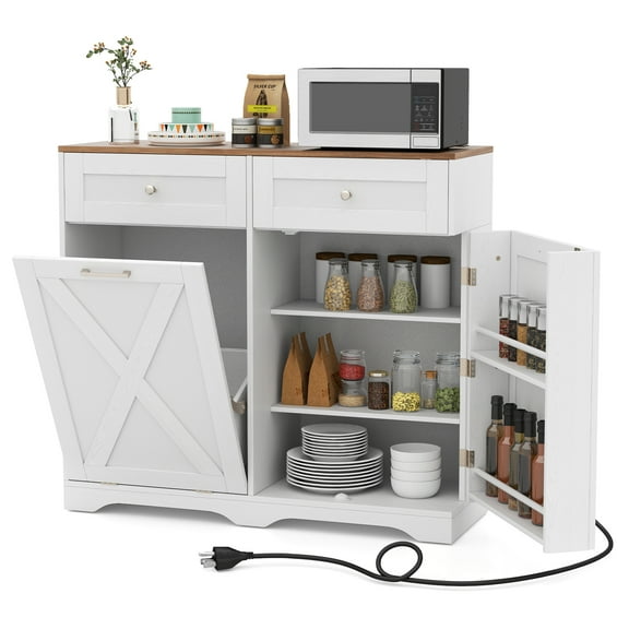 Topbuy Trash Bin Cabinet Tilt Out Garbage Cabinet w/ Anti-Tipping Kit & Adjustable Shelves White