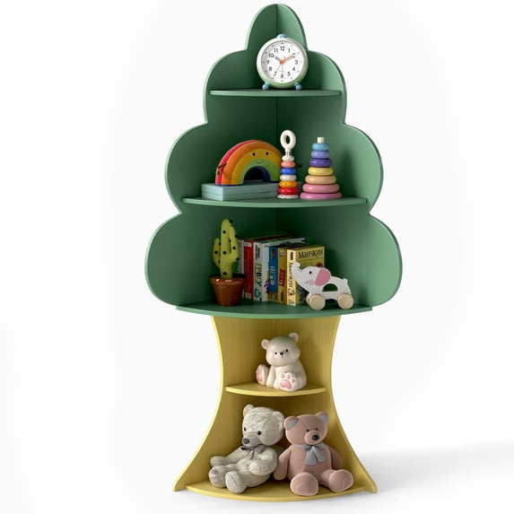 Topbuy Tree Bookshelf for Kids 5-Tier Wooden Baby Corner Bookcase with Anti-Toppling System
