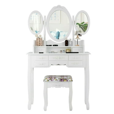 Topbuy Tri-Folding Mirror Vanity Makeup Set Dressing Table & Stool Unit with 7 Drawer White