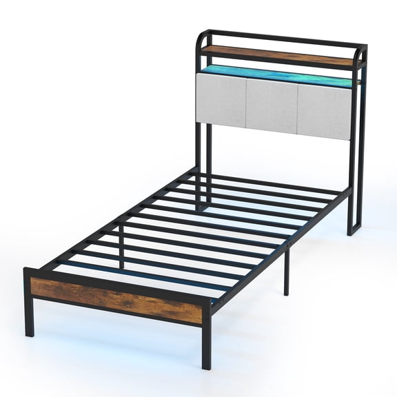 Topbuy Twin Bed Frame w/ Charging Station Metal Platform Bed w/ Upholstered Headboard