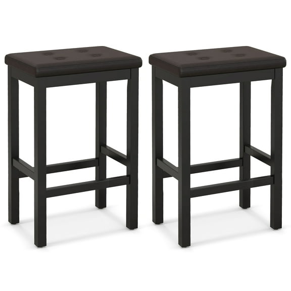 Topbuy Upholstered Bar Stools Set of 2 Counter Height Stools with Button-tufted PVC Leather Seat & Sturdy Footrests Brown & Black