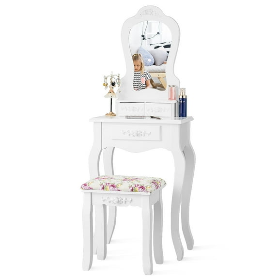 Topbuy Vanity Mirror Makeup Dressing Table Set w/ Stool Drawer Wood Desk White