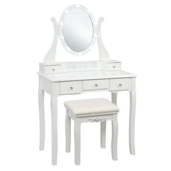 Topbuy Vanity Table Makeup Dresser Desk w/LED Light Drawers & Stool White