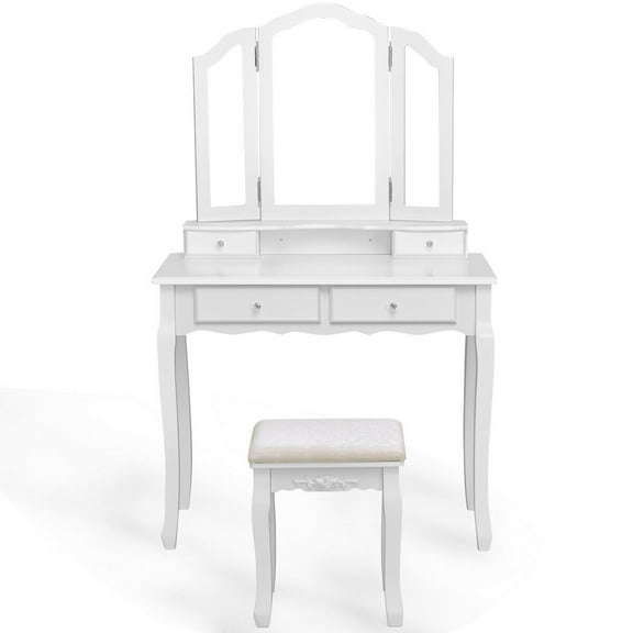 Topbuy Vanity Table Makeup Mirror Wood Desk Dressing Set W/ Stool 4 Drawer White