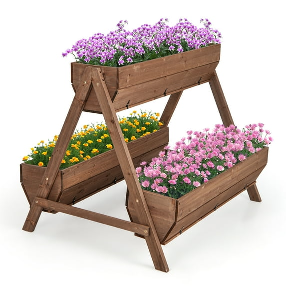 Patiojoy Vertical Raised Garden bed Wood Tiered Plant Stand w/ 3 Containers Drainage Holes for Vegetables Flowers Herbs Growing 40�� x 10�� x 8.5��