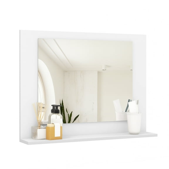Topbuy Wall Mounted Bathroom Mirror with Shelf Rectangle Wooden Frame Vanity Mirror Modern Hanging Mirror with Mounting Hardware White