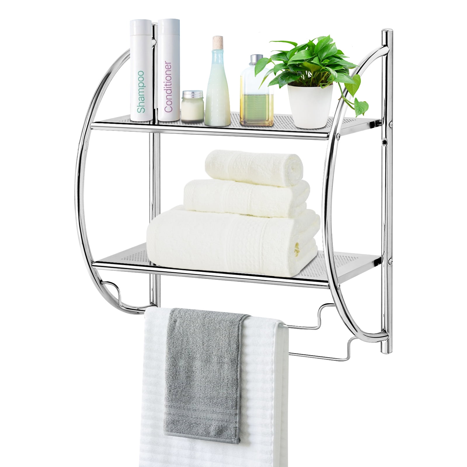 Silver Wall Mounted 2-Tier Bathroom Towel Rack with Bars