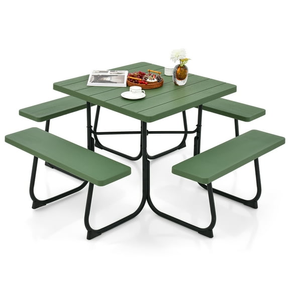 Topbuy Waterproof Metal, HDPE Picnic Table with 4 Benches & Umbrella Hole, Green