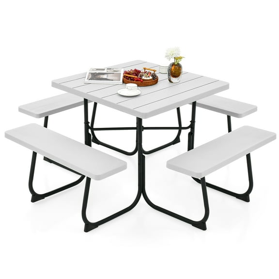Topbuy Waterproof Metal, HDPE Picnic Table with 4 Benches & Umbrella Hole, White