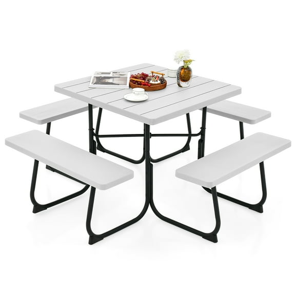 Topbuy Waterproof Metal, HDPE Picnic Table with 4 Benches & Umbrella Hole, White