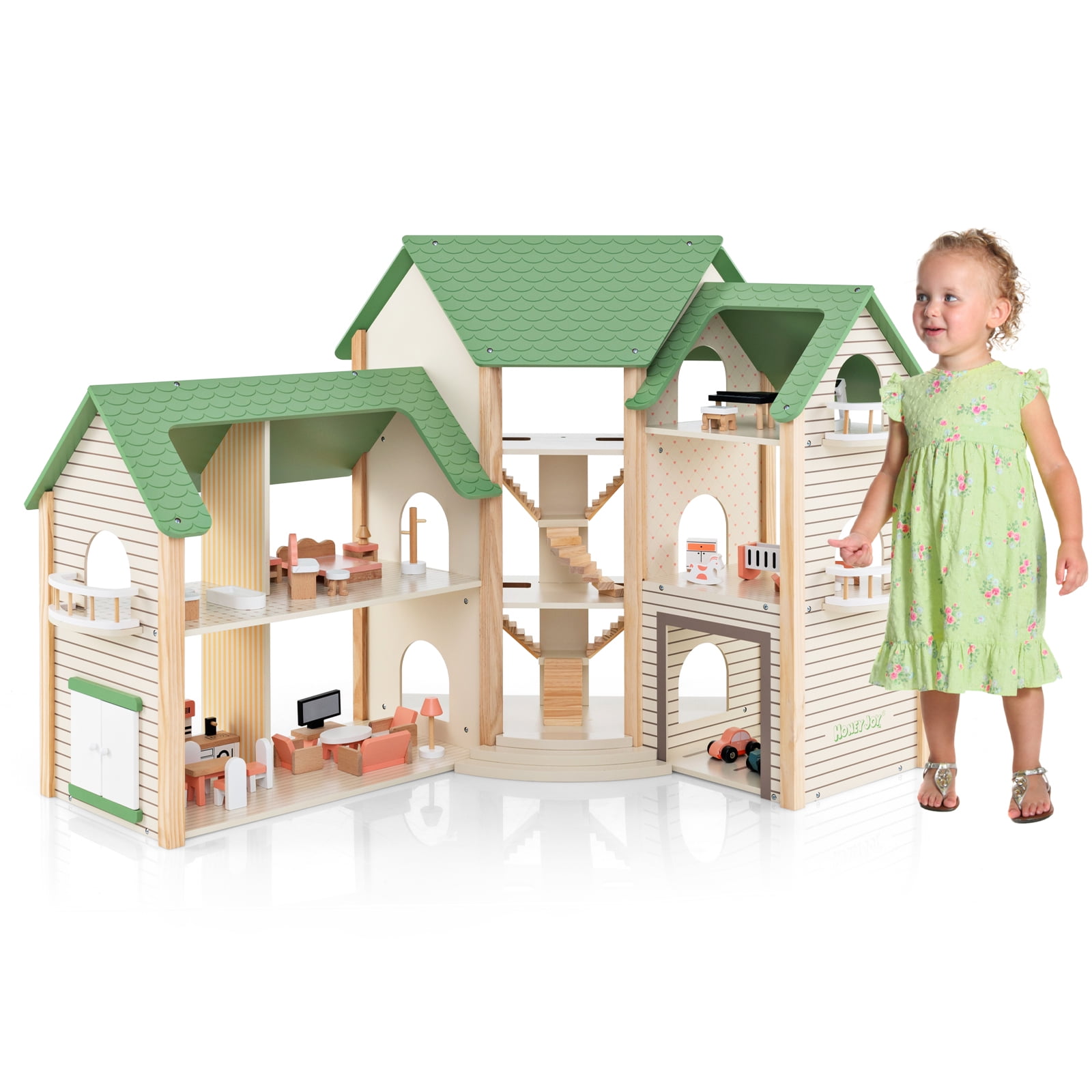 Topbuy Wooden Doll House for Kids Girls House Playset with 36 Pieces Accessories 6 Rooms Princess Dollhouse wih Built-in Stairs & Balconies Gift for 3+ Years Old Girls