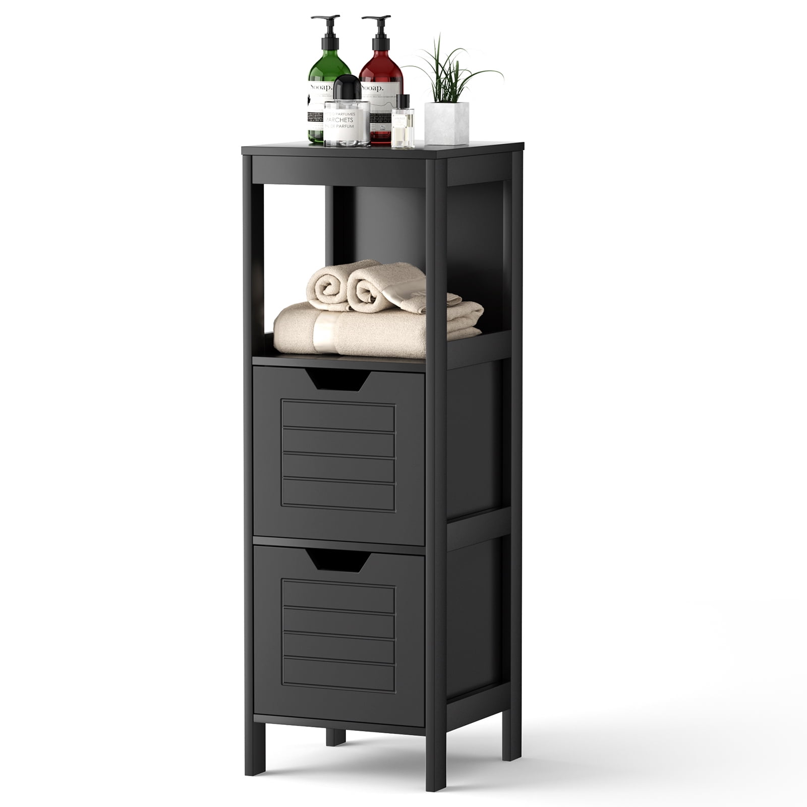 Black MDF Freestanding Cabinet with Shelves and Drawers