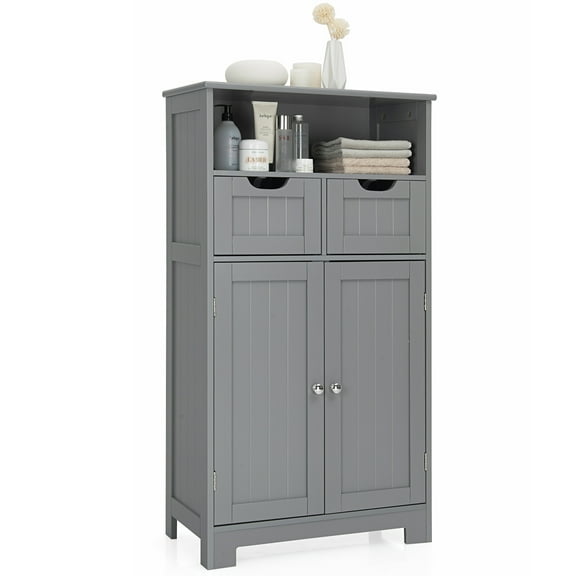 Topbuy Wooden Floor Storage Cabinet For Livingroom Bathroom Office w/Open Shelf, 2 Doors and 2 Drawers Gray