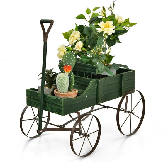 Patiojoy Wooden Garden Flower Planter Wagon Wheel Plant Bed Decorative Garden Planter for Backyard Garden Green