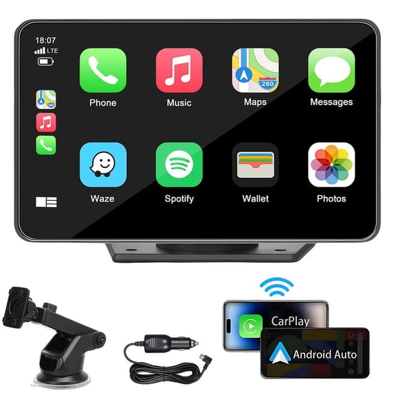 Topcar 7" Wireless Portable CarPlay Screen, HD Touchscreen, Android Auto, GPS Navigation, for All Vehicles