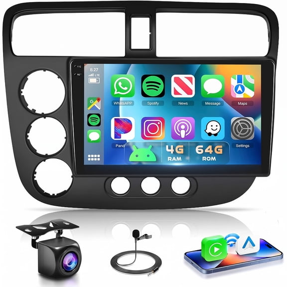 Topcar For Honda Civic 2001-2005 9" Android 15 Car Radio Stereo with 4+64G, Wireless Carplay, Bluetooth, GPS, DSP, EQ, AHD Backup Camera, 4GB+64GB