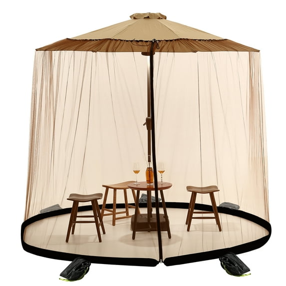 Topchances 7-10 ft Patio Umbrella Mosquito Net, Polyester Mesh Net Screen, Adjustable Universal Canopy Net with Sandbags and Zipper Door for Outdoor Umbrellas and Patio Tables (Brown)
