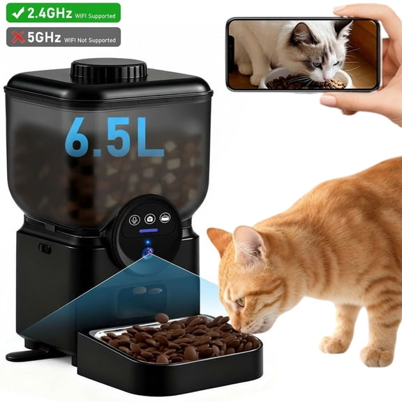 Topchances Automatic Pet Feeder, Dog Cat Food Dispenser with HD Camera, Smart Timed, APP Control, Dual Power Supply, Anti-Jam Design, 6.5L Large Capacity (Black)