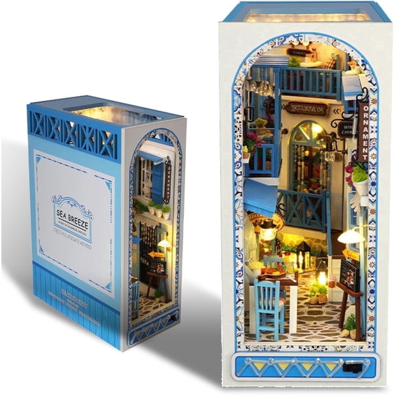 TOPCHANCES DIY Book Nook Kit, 3D Wooden Puzzle Bookshelf Insert Decor with LED Light, DIY Miniature Dollhouse Model Kit, Christmas Decorations Gifts for Adults (Holiday Home by the Sea)
