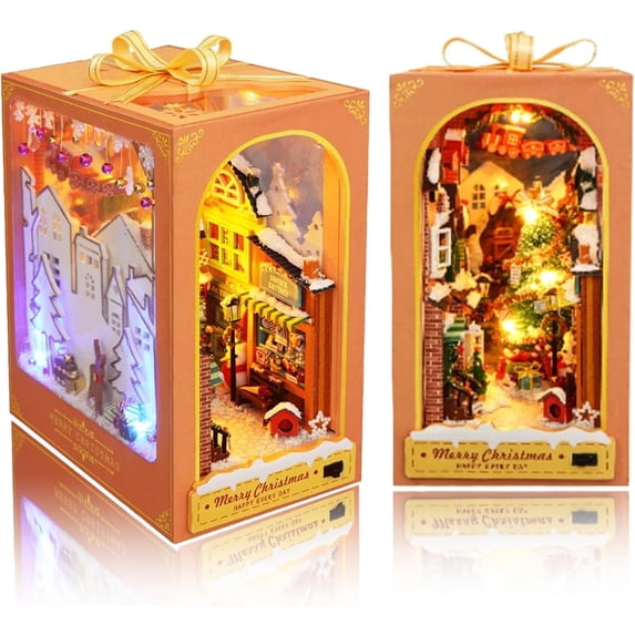 TOPCHANCES DIY Book Nook Kit, 3D Wooden Puzzle Bookshelf Insert Decor with LED Light, DIY Miniature Dollhouse Model Kit, Christmas Decorations Gifts (New Year)