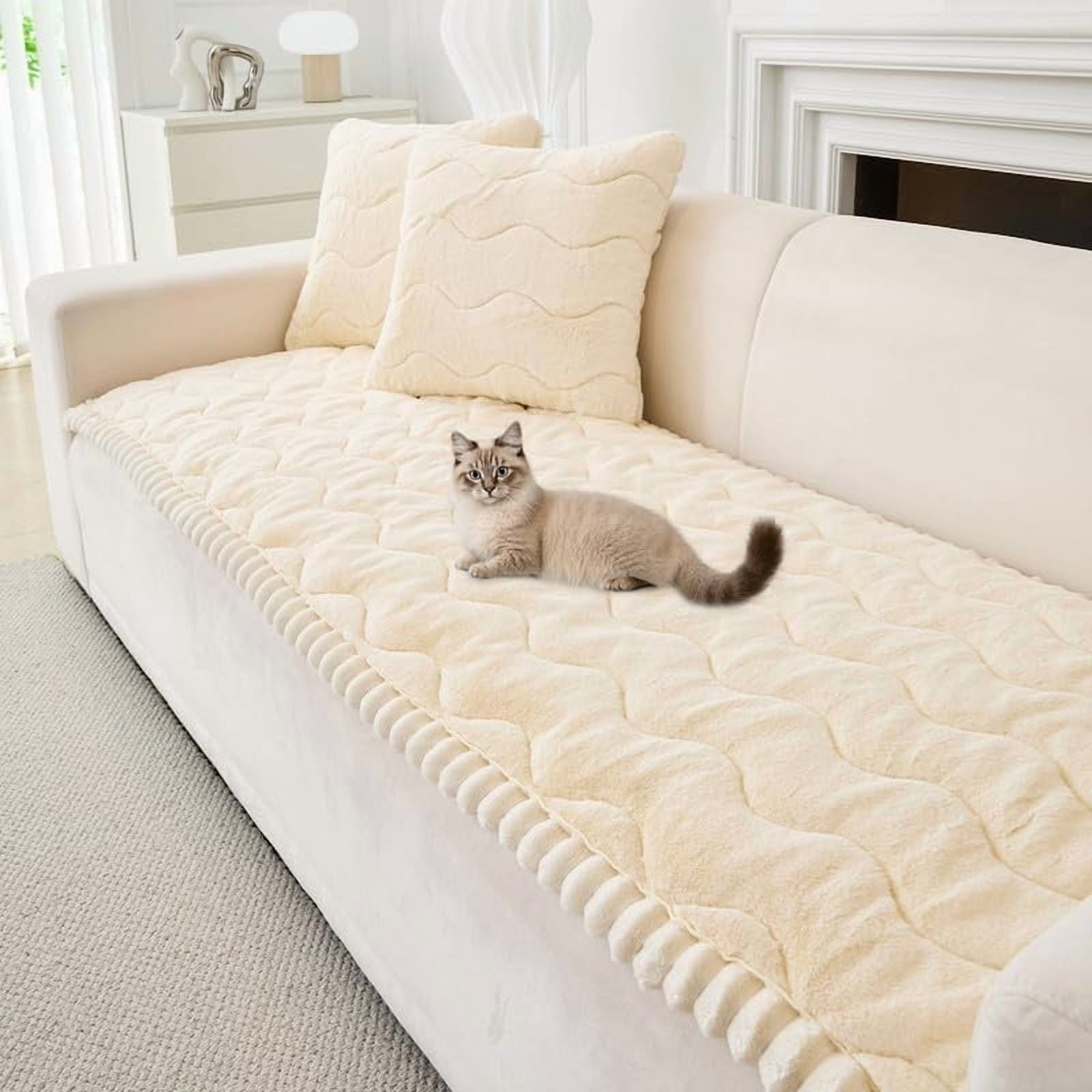 Topchances Fuzzy Couch Covers, Faux Mink Wavy Sofa Slipcover Mat for Pets,  Anti-Slip Furniture Protector Pet Bed Mat for Dogs Cats (Beige Yellow, 28''x59'')