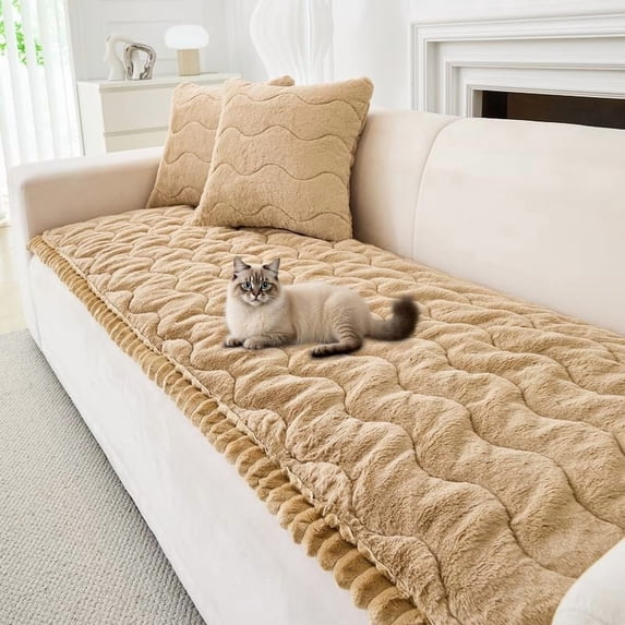 Topchances Fuzzy Couch Covers, Faux Mink Wavy Sofa Slipcover Mat for Pets, Anti-Slip Furniture Protector Pet Bed Mat for Dogs Cats (Light Coffee, 28''x70'')