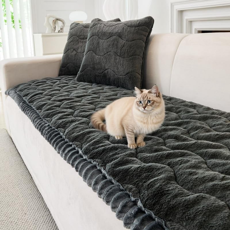 Topchances Fuzzy Couch Covers, Faux Mink Wavy Sofa Slipcover Mat for Pets,  Anti-Slip Furniture Protector Pet Bed Mat for Dogs Cats (Dark Gray, 28''x59'')