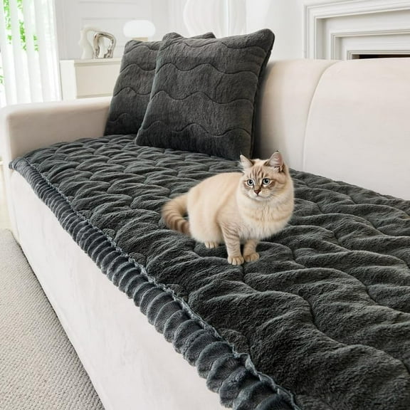 Topchances Fuzzy Couch Covers, Faux Mink Wavy Sofa Slipcover Mat for Pets, Anti-Slip Furniture Protector Pet Bed Mat for Dogs Cats (Dark Gray, 28''x59'')
