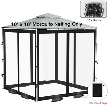 Topchances Gazebo Universal Replacement Mosquito Netting, 10' x 10' Outdoor Canopy Mesh Netting Screen 4-Panel Sidewall Curtains with Zipper and Sandbags (Black)