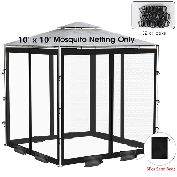Topchances Gazebo Universal Replacement Mosquito Netting, 10' x 10' Outdoor Canopy Mesh Netting Screen 4-Panel Sidewall Curtains with Zipper and Sandbags (Black)