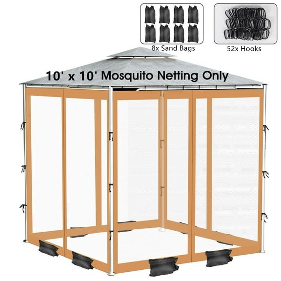 Topchances Gazebo Universal Replacement Mosquito Netting, 10' x 10' Outdoor Canopy Mesh Netting Screen 4-Panel Sidewall Curtains with Zipper and Sandbags (Khaki)