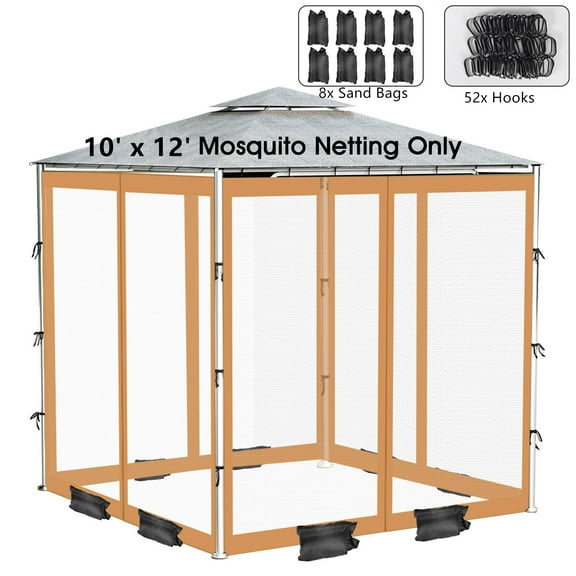 Topchances Gazebo Universal Replacement Mosquito Netting, 10' x 12' Outdoor Canopy Mesh Netting Screen 4-Panel Sidewall Curtains with Zipper and Sandbags (Khaki)