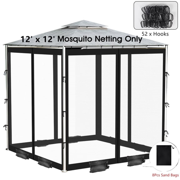 Topchances Gazebo Universal Replacement Mosquito Netting, 12' x 12' Outdoor Canopy Mesh Netting Screen 4-Panel Sidewall Curtains with Zipper and Sandbags (Black)