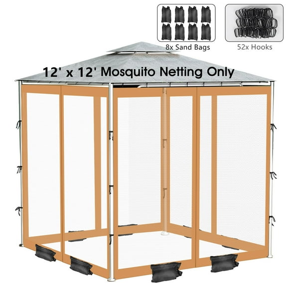 Topchances Gazebo Universal Replacement Mosquito Netting, 12' x 12' Outdoor Canopy Mesh Netting Screen 4-Panel Sidewall Curtains with Zipper and Sandbags (Khaki)