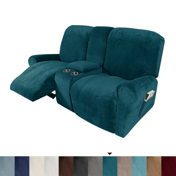 Topchances Non-Slip 8-Piece Velvet Loveseat Recliner Slipcover, Deep Teal