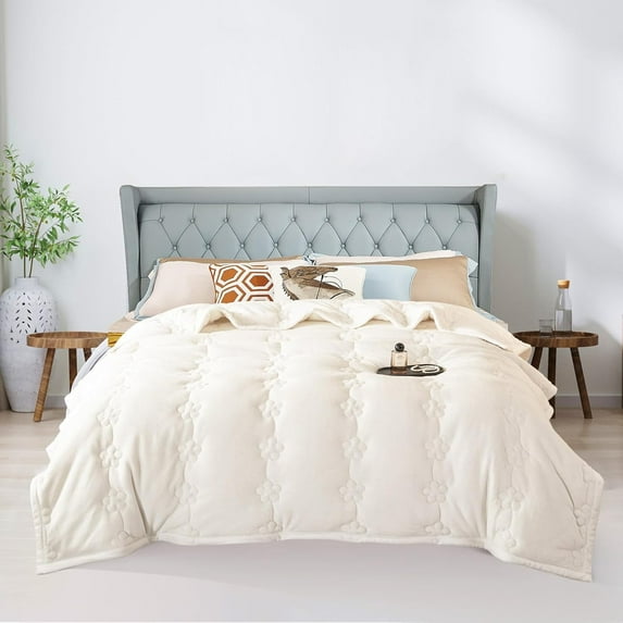 Topchances All Season Comforter, Plum Blossom Pattern Quilted Down Alternative Comforter, Three Layers Folder Cotton Quilt Soft Hotel Comforter (Ivory White, 59*79 inch)