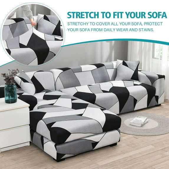 Topchances Sectional Couch Covers, L Shape Sofa Slipcover for 3+3 Seat Couch, Universal Stretch Furniture Protector with 4pcs Pillowcase (Black&White)