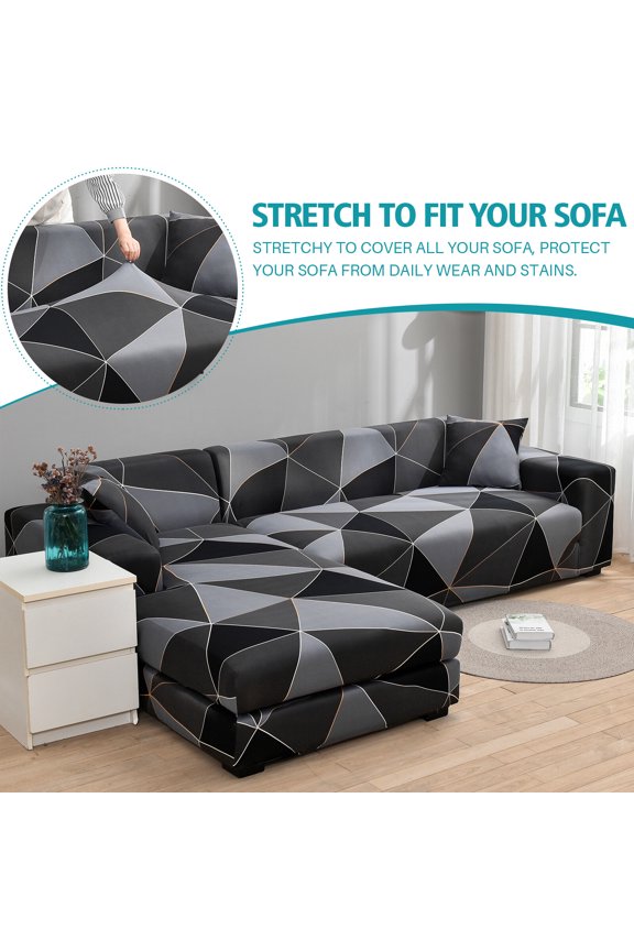 Sectional Couch Covers, L Shape Sofa Slipcover for 3+3 Seat Couch, Universal Stretch Furniture Protector with 4pcs Pillowcase (Black&Gray)