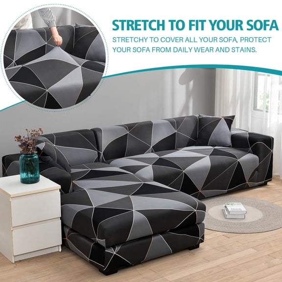 Topchances Sectional Couch Covers, L Shape Sofa Slipcover for 3+3 Seat Couch, Universal Stretch Furniture Protector with 4pcs Pillowcase (Black&Gray)