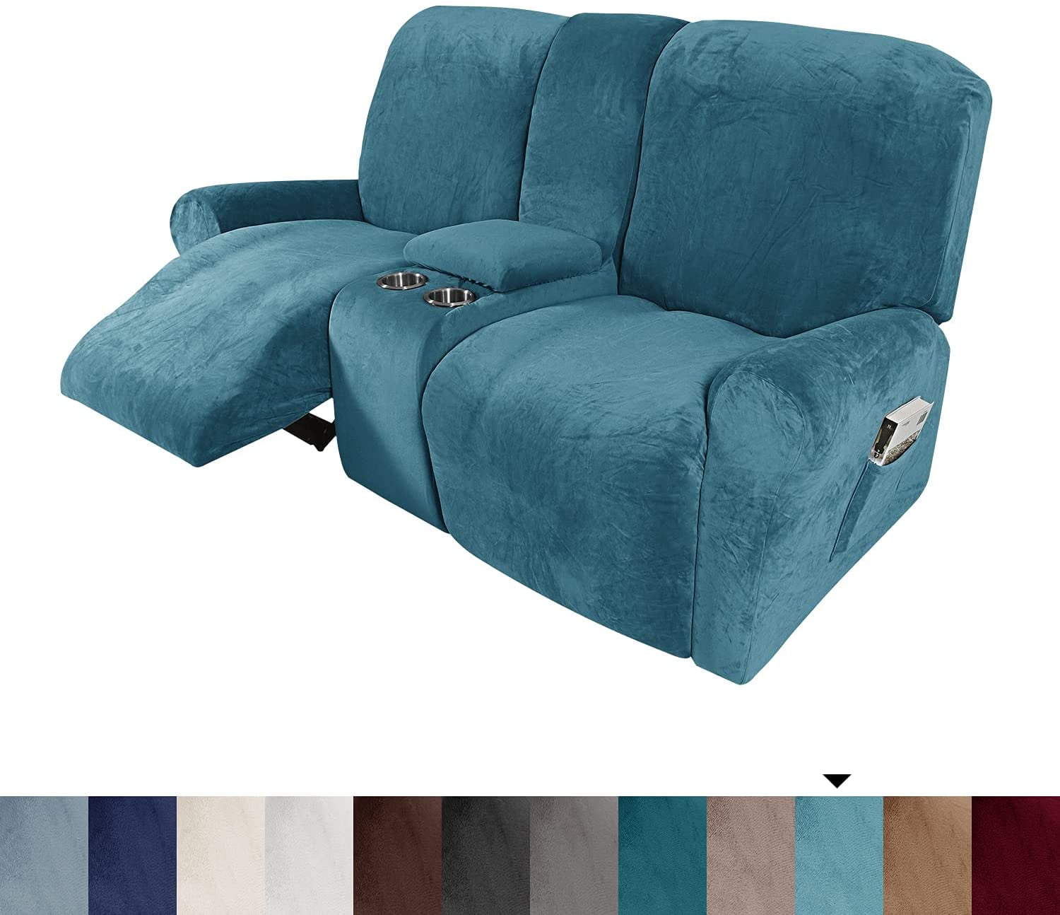 Topchances Stretch Recliner Sofa Slipcover Loveseat Couch Cover with Side Pocket Non Slip Furniture Protector Peacock Blue Walmart