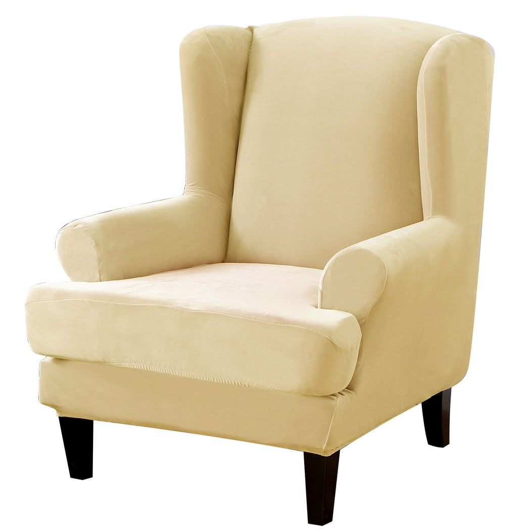 Topchances Stretch Wingback Chair Sofa Slipcover 2-Piece Velvet Plush Sofa Cover Furniture Protector Couch Soft with Elastic Bottom, Beige