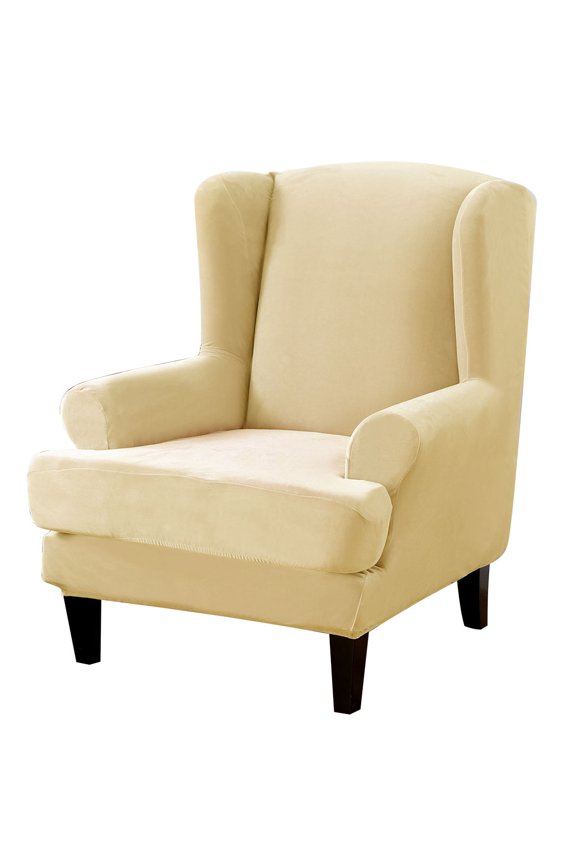 Stretch Wingback Chair Sofa Slipcover 2-Piece Velvet Plush Sofa Cover Furniture Protector Couch Soft with Elastic Bottom, Beige