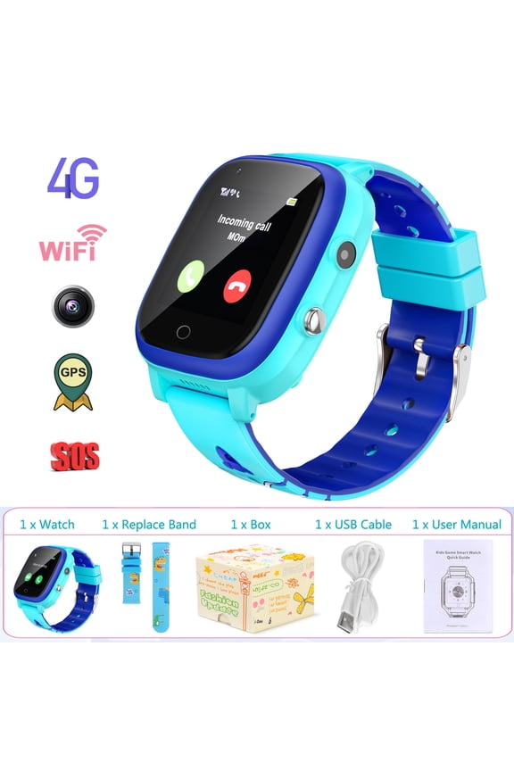 T5 Waterproof GPS Smart Watch for Kids, 4G Wifi Video Phone Call Camera SOS Alarm Geo-Fence Touch Screen Monitoring Health Steps Anti-Lost GPS Tracker Watches For Android IOS, Blue