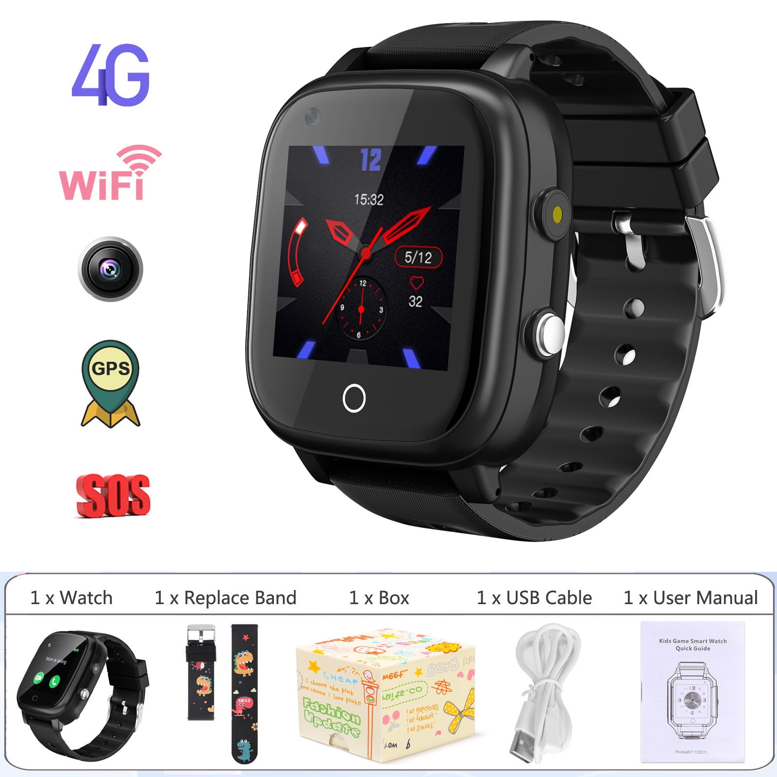 Topchances T5 Waterproof GPS Smart Watch for Kids, 4G Wifi Video Phone Call  Camera SOS Alarm Geo-Fence Touch Screen Monitoring Health Steps Anti-Lost