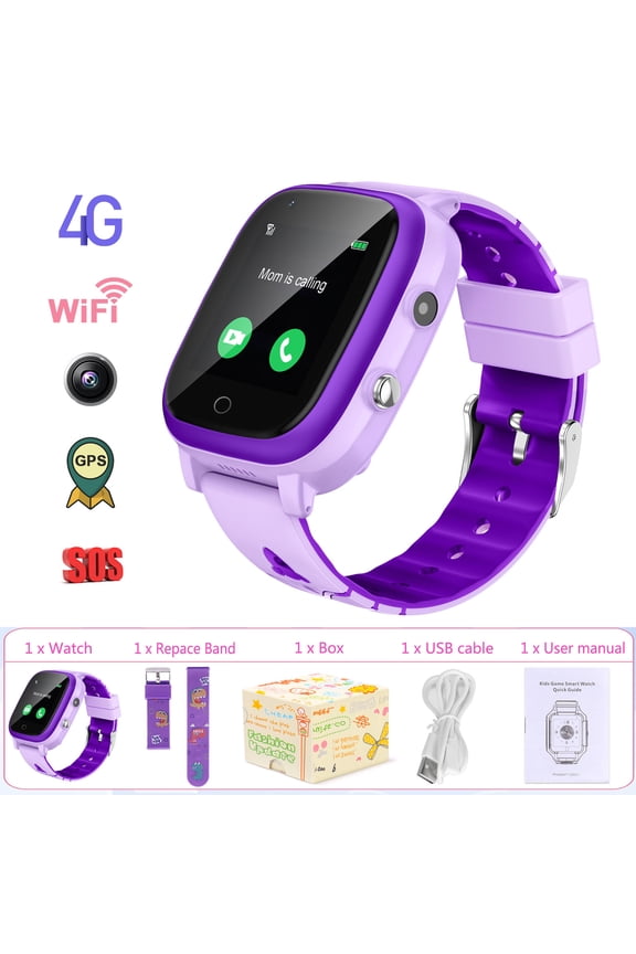 T5 Waterproof GPS Smart Watch for Kids, 4G Wifi Video Phone Call Camera SOS Alarm Geo-Fence Touch Screen Monitoring Health Steps Anti-Lost GPS Tracker Watches For Android IOS, Purple